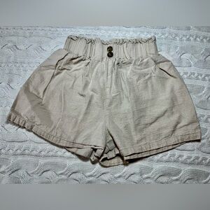 Elastic Waist 100% Cotton Beige High-Waisted Paperbag Shorts, Classic #1064